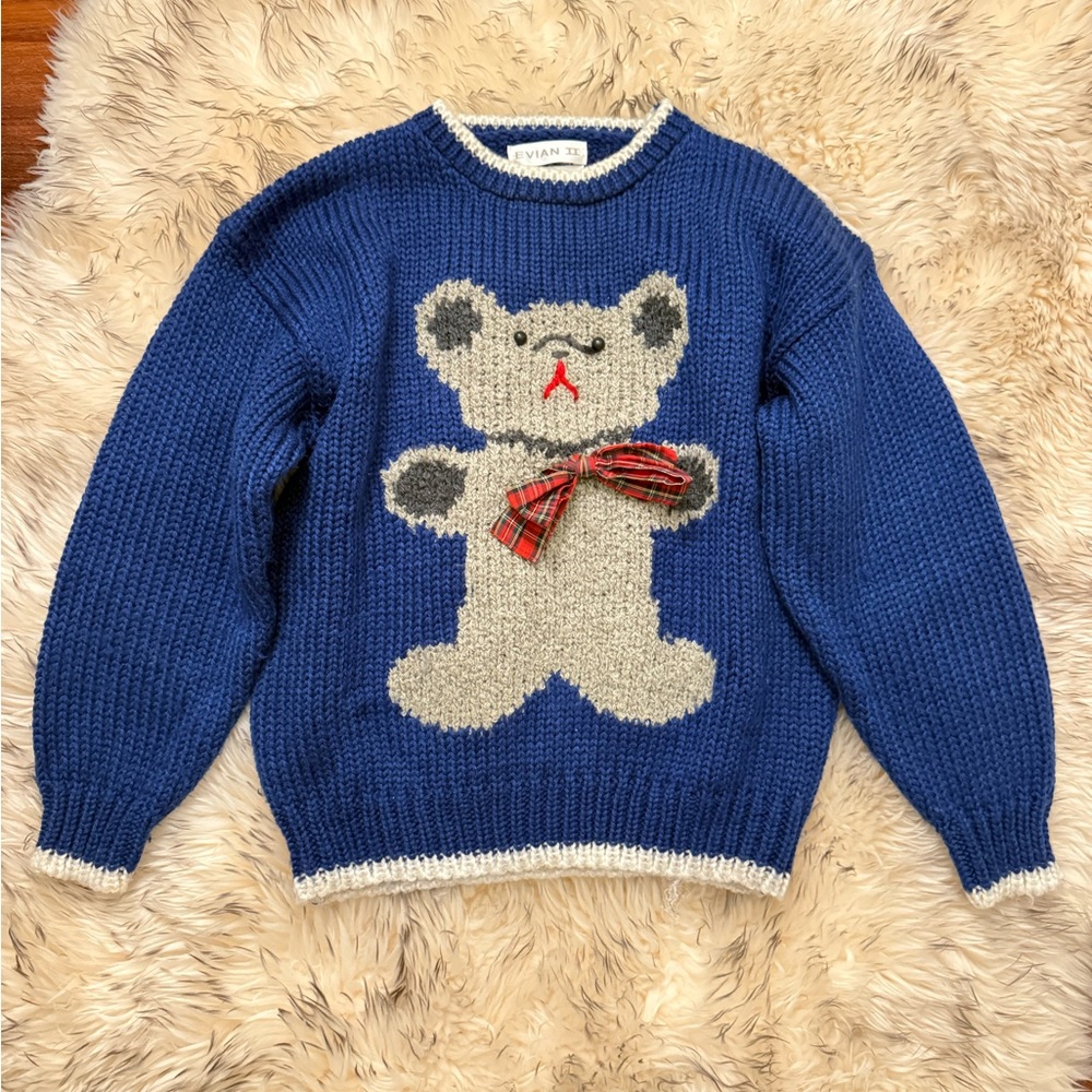 Vintage Teddy Bear Hand Knit Sweater Blue Chunky Novelty M